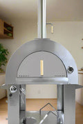 Front view of stainless steel wood and gas pizza oven with chimney