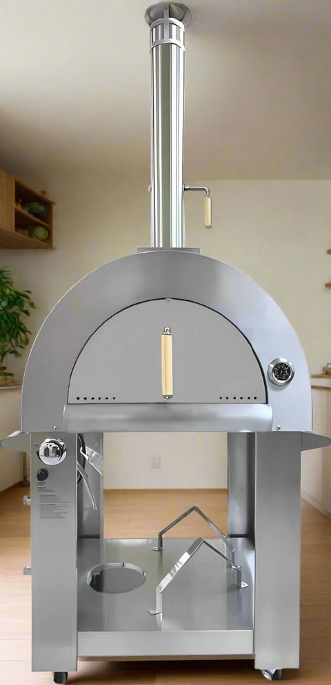 Front view of stainless steel wood and gas pizza oven with chimney