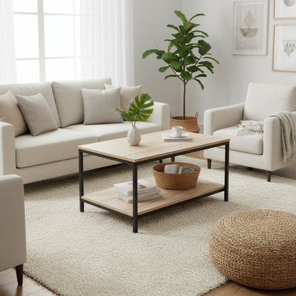 Minimalist wood grain coffee table in a living room setting
Side view of coffee table with black metal frame
Open shelf coffee table for modern homes
Neutral-toned coffee table with sturdy build
Lifestyle photo of coa ffee table with décor accessories