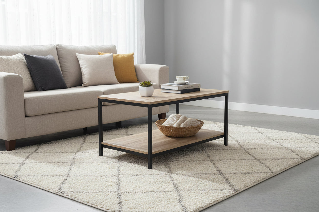 Minimalist wood grain coffee table in a living room setting
Side view of coffee table with black metal frame
Open shelf coffee table for modern homes
Neutral-toned coffee table with sturdy build
Lifestyle photo of coa ffee table with décor accessories