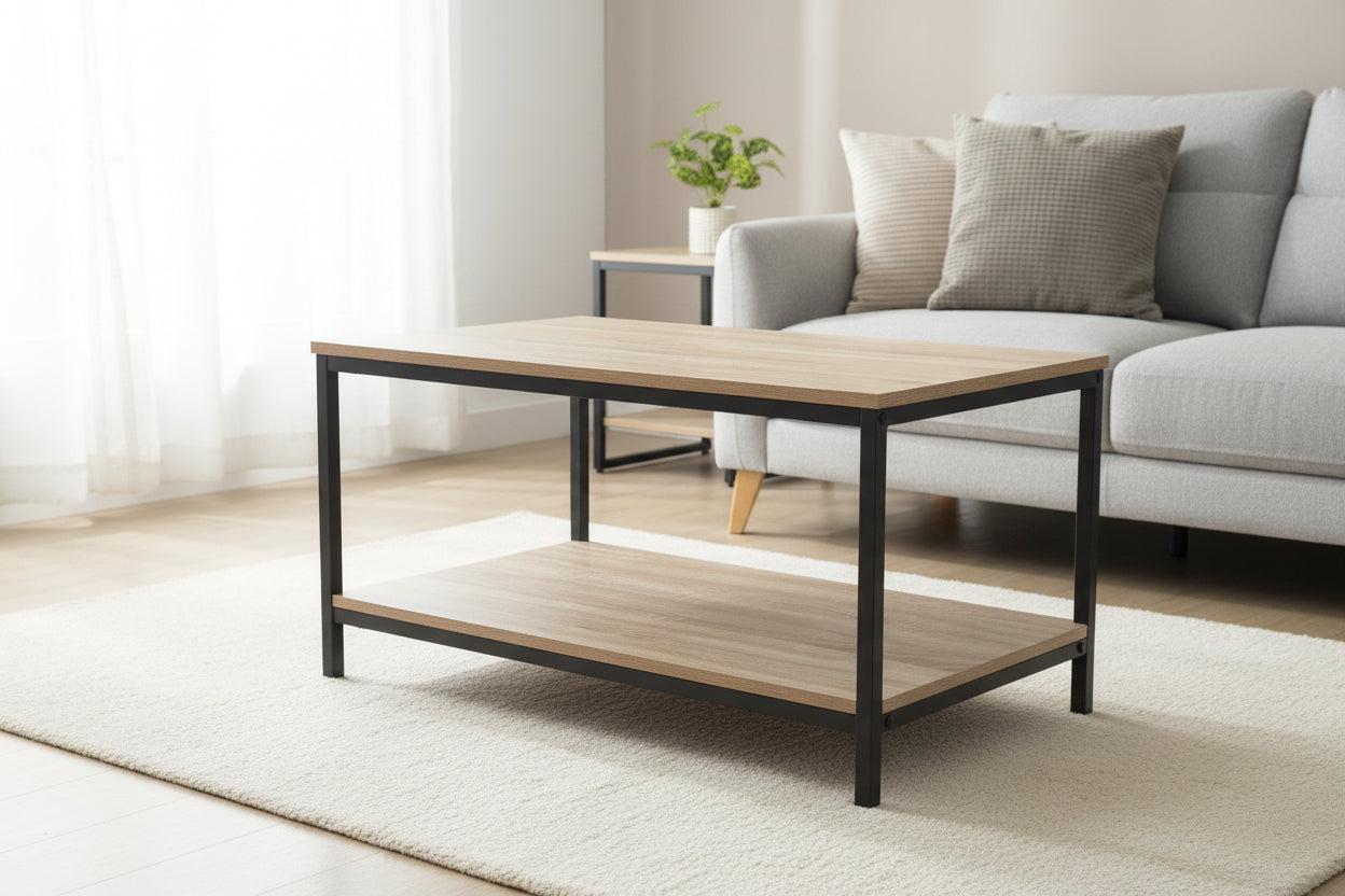 Minimalist wood grain coffee table in a living room setting
Side view of coffee table with black metal frame
Open shelf coffee table for modern homes
Neutral-toned coffee table with sturdy build
Lifestyle photo of coa ffee table with décor accessories