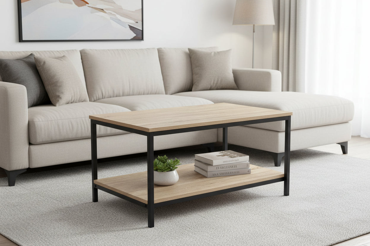 Minimalist wood grain coffee table in a living room setting
Side view of coffee table with black metal frame
Open shelf coffee table for modern homes
Neutral-toned coffee table with sturdy build
Lifestyle photo of coa ffee table with décor accessories