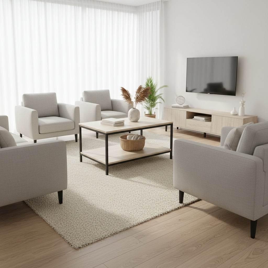 Minimalist wood grain coffee table in a living room setting
Side view of coffee table with black metal frame
Open shelf coffee table for modern homes
Neutral-toned coffee table with sturdy build
Lifestyle photo of coa ffee table with décor accessories