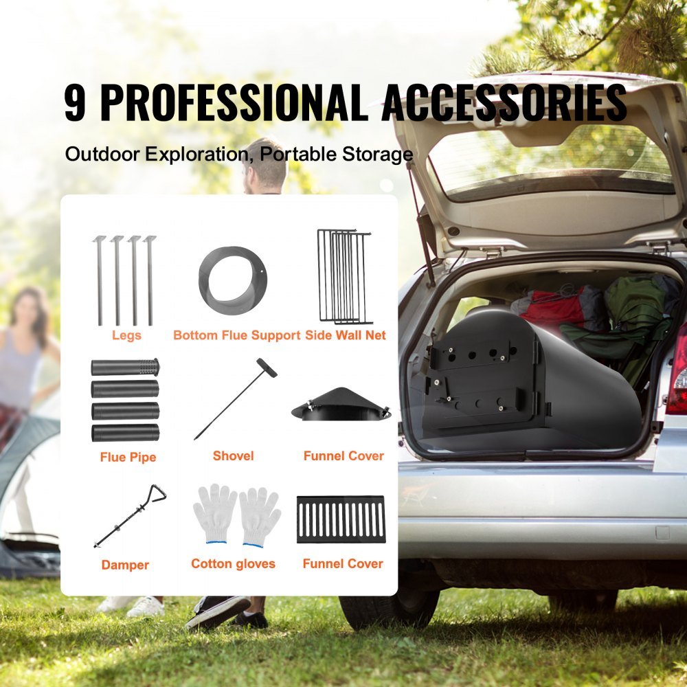 Portable wood stove kit with 9 accessories for camping
Outdoor camp wood burner with detachable side shelves
Heavy-duty black steel firebox with chimney pipe
Wood stove for hunting and survival tents
Stove kit stored with accessories inside firebox