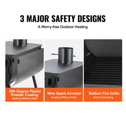 Portable wood stove kit with 9 accessories for camping
Outdoor camp wood burner with detachable side shelves
Heavy-duty black steel firebox with chimney pipe
Wood stove for hunting and survival tents
Stove kit stored with accessories inside firebox