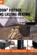 Portable wood stove kit with 9 accessories for camping
Outdoor camp wood burner with detachable side shelves
Heavy-duty black steel firebox with chimney pipe
Wood stove for hunting and survival tents
Stove kit stored with accessories inside firebox