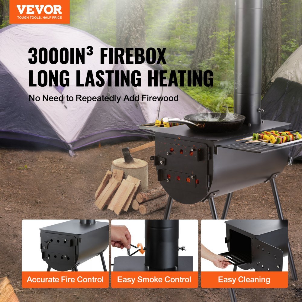 Portable wood stove kit with 9 accessories for camping
Outdoor camp wood burner with detachable side shelves
Heavy-duty black steel firebox with chimney pipe
Wood stove for hunting and survival tents
Stove kit stored with accessories inside firebox