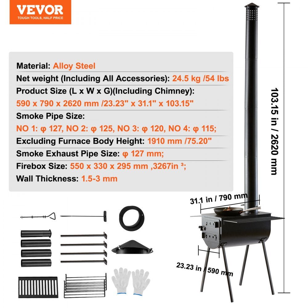 Portable wood stove kit with 9 accessories for camping
Outdoor camp wood burner with detachable side shelves
Heavy-duty black steel firebox with chimney pipe
Wood stove for hunting and survival tents
Stove kit stored with accessories inside firebox