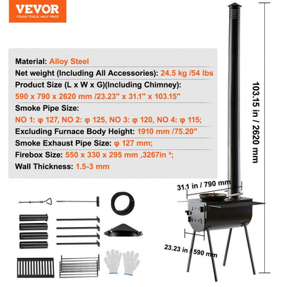 Portable wood stove kit with 9 accessories for camping
Outdoor camp wood burner with detachable side shelves
Heavy-duty black steel firebox with chimney pipe
Wood stove for hunting and survival tents
Stove kit stored with accessories inside firebox