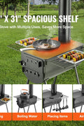 Portable wood stove kit with 9 accessories for camping
Outdoor camp wood burner with detachable side shelves
Heavy-duty black steel firebox with chimney pipe
Wood stove for hunting and survival tents
Stove kit stored with accessories inside firebox
