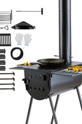 Portable wood stove kit with 9 accessories for camping
Outdoor camp wood burner with detachable side shelves
Heavy-duty black steel firebox with chimney pipe
Wood stove for hunting and survival tents
Stove kit stored with accessories inside firebox