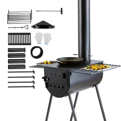 Portable wood stove kit with 9 accessories for camping
Outdoor camp wood burner with detachable side shelves
Heavy-duty black steel firebox with chimney pipe
Wood stove for hunting and survival tents
Stove kit stored with accessories inside firebox