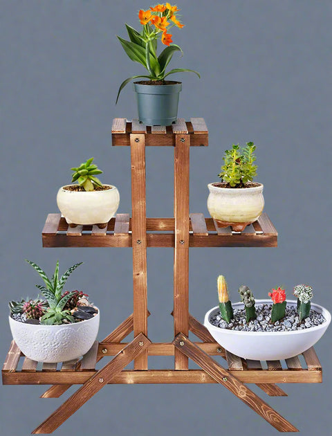 Wooden 3-tier plant stand with brown finish for indoor outdoor use

Rustic vertical flower shelf with pinewood construction

Multi-level wooden plant holder for patio or balcony display

Tiered plant display stand with decorative potted flowers

Compact and stylish garden plant rack made of wood