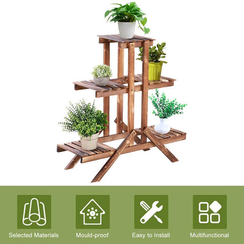 Wooden 3-tier plant stand with brown finish for indoor outdoor use

Rustic vertical flower shelf with pinewood construction

Multi-level wooden plant holder for patio or balcony display

Tiered plant display stand with decorative potted flowers

Compact and stylish garden plant rack made of wood