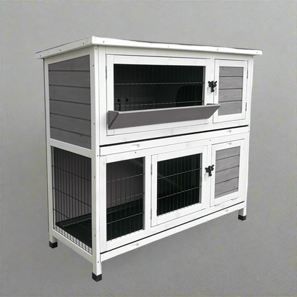 Outdoor Wooden Rabbit Hutch Two-Story Design - Front View

Weatherproof Bunny Cage with Ramp - Side View

Wooden Small Animal Hutch for Outdoor Use

Spacious 2-Story Rabbit Hutch for Backyard

Secure Bunny Cage with Easy Access Doors and Removable Trays