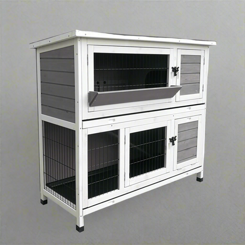 Outdoor Wooden Rabbit Hutch Two-Story Design - Front View

Weatherproof Bunny Cage with Ramp - Side View

Wooden Small Animal Hutch for Outdoor Use

Spacious 2-Story Rabbit Hutch for Backyard

Secure Bunny Cage with Easy Access Doors and Removable Trays