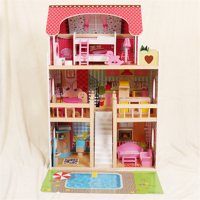 New Wooden Dollhouse with 15 - Piece Furniture Set – Kids Playhouse Toy for Girls & Boys D06036 - with | Sold by Uncle Wiener's Wholesale