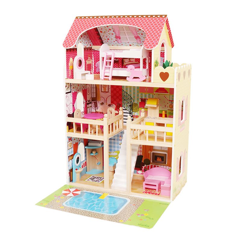 New Wooden Dollhouse with 15 - Piece Furniture Set – Kids Playhouse Toy for Girls & Boys D06036 - with | Sold by Uncle Wiener's Wholesale