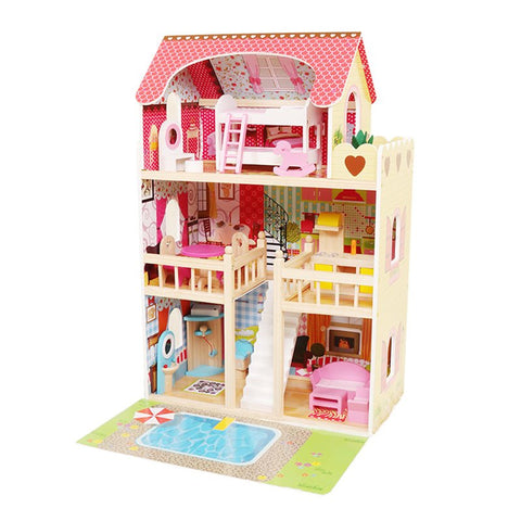 New Wooden Dollhouse with 15 - Piece Furniture Set – Kids Playhouse Toy for Girls & Boys D06036 - with | Sold by Uncle Wiener's Wholesale
