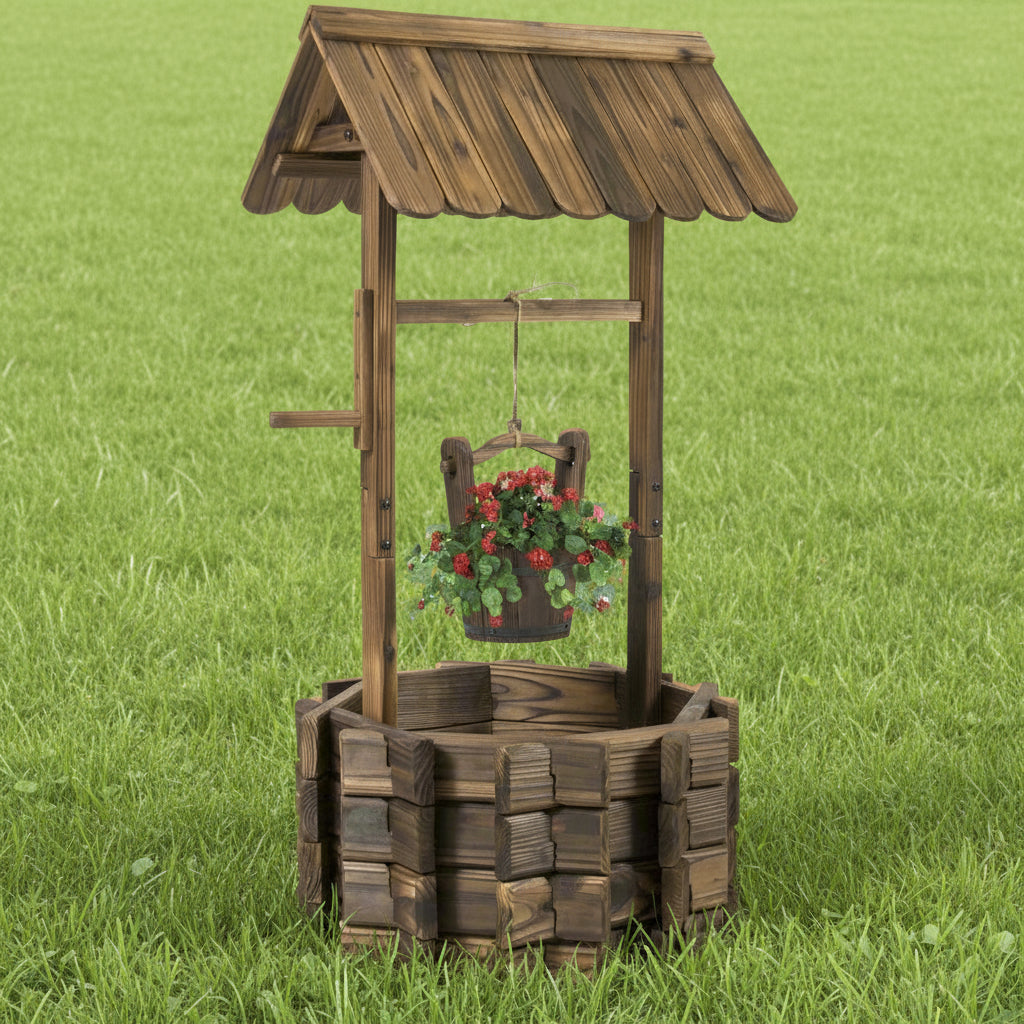 Rustic wooden wishing well planter for outdoor garden

Bucket planter for backyard flowers and herbs

Decorative fir wood flower pot with roof

Weather-resistant outdoor planter for lawn

Vintage-style wooden flower planter with rope bucket


