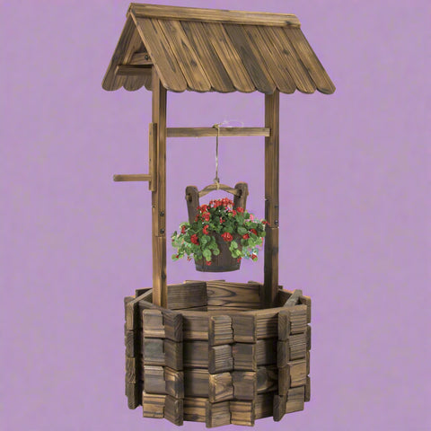 Rustic wooden wishing well planter for outdoor garden

Bucket planter for backyard flowers and herbs

Decorative fir wood flower pot with roof

Weather-resistant outdoor planter for lawn

Vintage-style wooden flower planter with rope bucket

