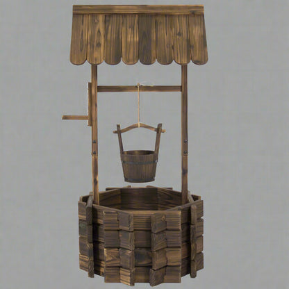 Rustic wooden wishing well planter for outdoor garden

Bucket planter for backyard flowers and herbs

Decorative fir wood flower pot with roof

Weather-resistant outdoor planter for lawn

Vintage-style wooden flower planter with rope bucket

