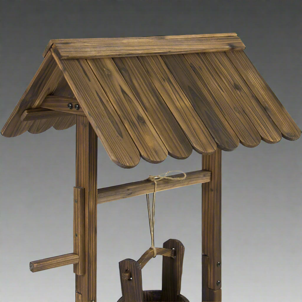 Rustic wooden wishing well planter for outdoor garden

Bucket planter for backyard flowers and herbs

Decorative fir wood flower pot with roof

Weather-resistant outdoor planter for lawn

Vintage-style wooden flower planter with rope bucket

