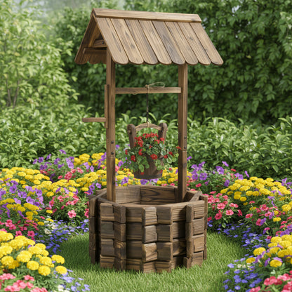 Rustic wooden wishing well planter for outdoor garden

Bucket planter for backyard flowers and herbs

Decorative fir wood flower pot with roof

Weather-resistant outdoor planter for lawn

Vintage-style wooden flower planter with rope bucket

