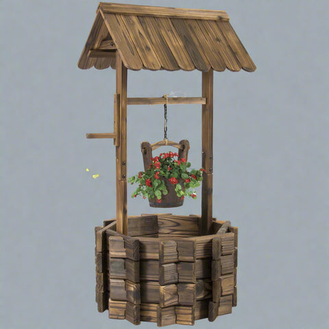 Rustic wooden wishing well planter for outdoor garden

Bucket planter for backyard flowers and herbs

Decorative fir wood flower pot with roof

Weather-resistant outdoor planter for lawn

Vintage-style wooden flower planter with rope bucket

