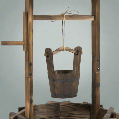 Rustic wooden wishing well planter for outdoor garden

Bucket planter for backyard flowers and herbs

Decorative fir wood flower pot with roof

Weather-resistant outdoor planter for lawn

Vintage-style wooden flower planter with rope bucket

