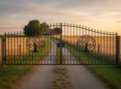 Wrought Iron Black Driveway Gate Set

Decorative Iron Entry Gates for Farm and Ranch

Durable Wrought Iron Gates – Deer Design

Heavy-Duty Black Iron Gates for Estate Entrance

Tree of Life Wrought Iron Entry Gate Design