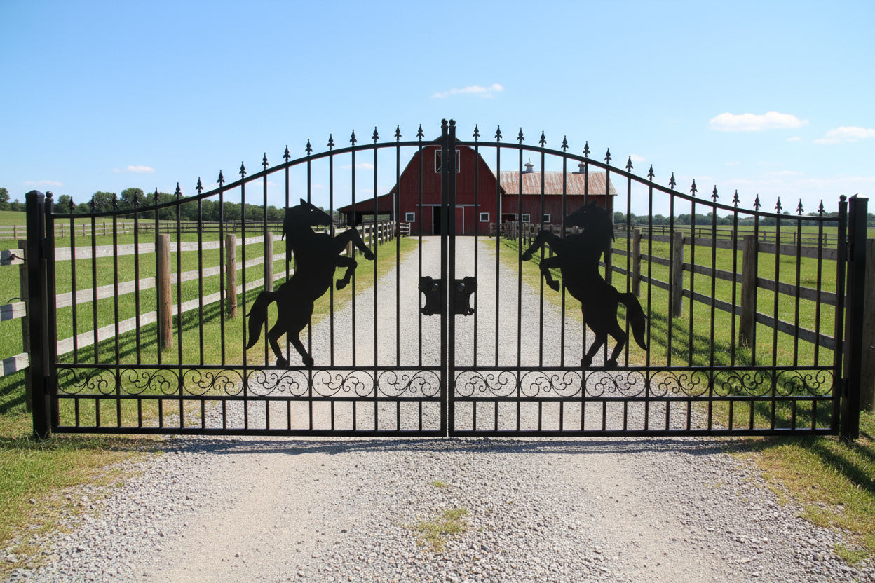 Wrought Iron Black Driveway Gate Set

Decorative Iron Entry Gates for Farm and Ranch

Durable Wrought Iron Gates – Deer Design

Heavy-Duty Black Iron Gates for Estate Entrance

Tree of Life Wrought Iron Entry Gate Design