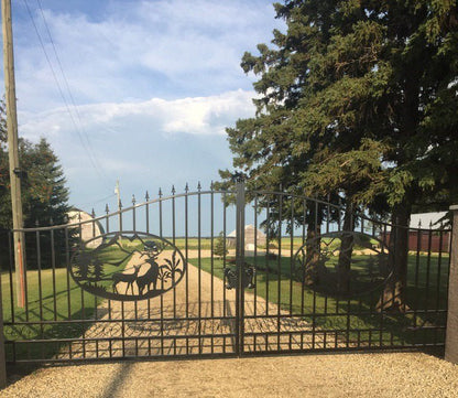Wrought Iron Black Driveway Gate Set

Decorative Iron Entry Gates for Farm and Ranch

Durable Wrought Iron Gates – Deer Design

Heavy-Duty Black Iron Gates for Estate Entrance

Tree of Life Wrought Iron Entry Gate Design