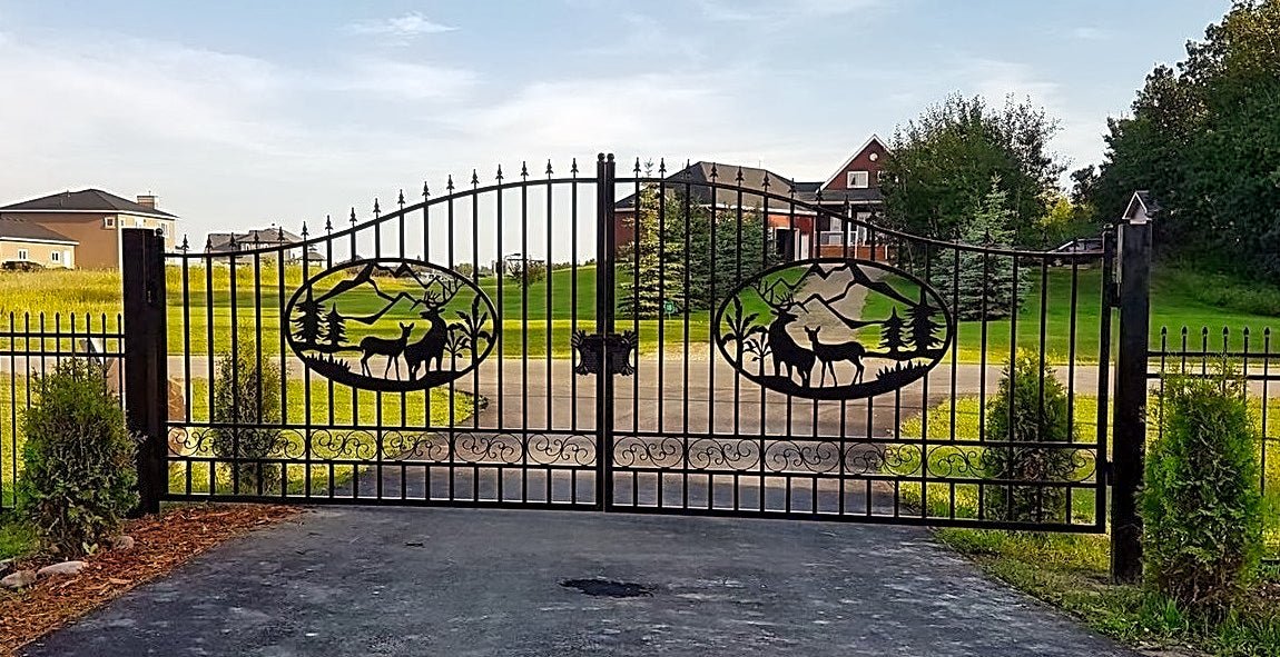 Wrought Iron Black Driveway Gate Set

Decorative Iron Entry Gates for Farm and Ranch

Durable Wrought Iron Gates – Deer Design

Heavy-Duty Black Iron Gates for Estate Entrance

Tree of Life Wrought Iron Entry Gate Design