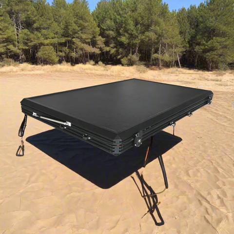 X3 rooftop tent fully opened with ladder
Closed X3 hard shell rooftop tent on SUV
Interior view of X3 rooftop tent
Overland-ready rooftop tent with LED lighting
Rooftop camping shelter mounted on vehicle