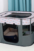 XL foldable dog crate with mesh windows and roll-up door
Portable pet house crate with removable top skylight
Indoor and outdoor soft pet kennel setup
Folded dog crate for easy storage and travel
Cat and dog resting in mesh pet crate
