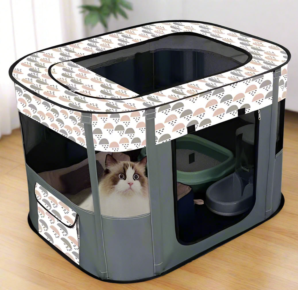 XL foldable dog crate with mesh windows and roll-up door
Portable pet house crate with removable top skylight
Indoor and outdoor soft pet kennel setup
Folded dog crate for easy storage and travel
Cat and dog resting in mesh pet crate