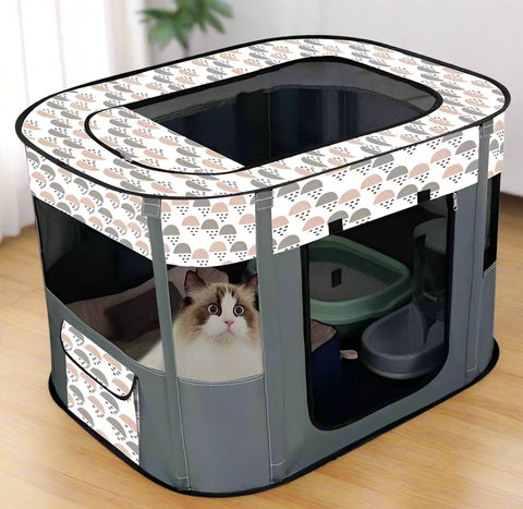 XL foldable dog crate with mesh windows and roll-up door
Portable pet house crate with removable top skylight
Indoor and outdoor soft pet kennel setup
Folded dog crate for easy storage and travel
Cat and dog resting in mesh pet crate
