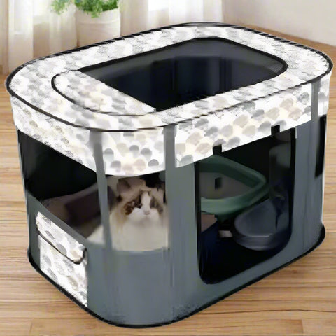 XL foldable dog crate with mesh windows and roll-up door
Portable pet house crate with removable top skylight
Indoor and outdoor soft pet kennel setup
Folded dog crate for easy storage and travel
Cat and dog resting in mesh pet crate