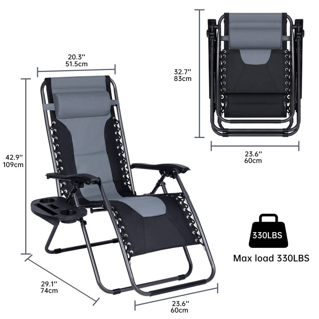 XL Padded Zero Gravity Recliner Chair – Front View

Heavy-Duty Folding Outdoor Lounger – 350 lbs Capacity

Recliner Chair Fully Extended – Oversized Comfort

Folded XL Reclining Chair – Easy Storage

Side Profile of Padded Zero Gravity Chair – Steel Frame

Outdoor Lounge Chair with Cushioned Headrest – Gray