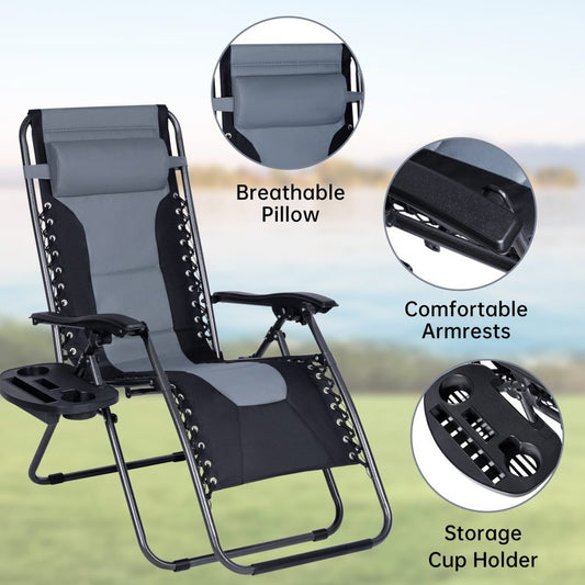 XL Padded Zero Gravity Recliner Chair – Front View

Heavy-Duty Folding Outdoor Lounger – 350 lbs Capacity

Recliner Chair Fully Extended – Oversized Comfort

Folded XL Reclining Chair – Easy Storage

Side Profile of Padded Zero Gravity Chair – Steel Frame

Outdoor Lounge Chair with Cushioned Headrest – Gray
