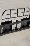 XL pallet fork frame with 2-inch receiver for skid steer – 5000 lb rated
Heavy-duty 72-inch skid steer pallet fork frame with headache rack
Skid steer fork frame in field with trailer hitch and fork slots
Compact 60" pallet fork frame – skid steer attachment
Slotted carriage for Class II pallet forks on steel frame