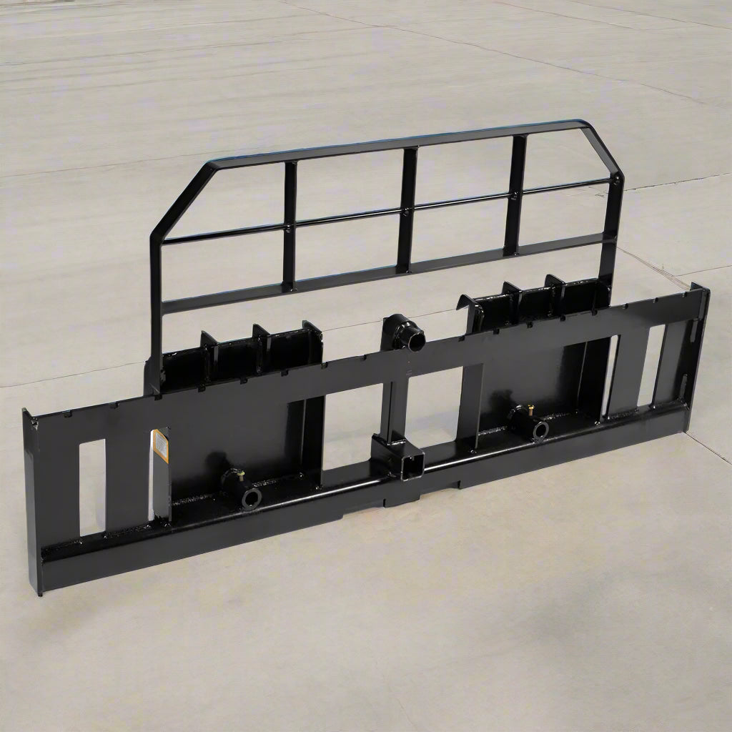 XL pallet fork frame with 2-inch receiver for skid steer – 5000 lb rated
Heavy-duty 72-inch skid steer pallet fork frame with headache rack
Skid steer fork frame in field with trailer hitch and fork slots
Compact 60" pallet fork frame – skid steer attachment
Slotted carriage for Class II pallet forks on steel frame