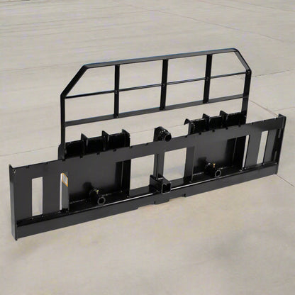 XL pallet fork frame with 2-inch receiver for skid steer – 5000 lb rated
Heavy-duty 72-inch skid steer pallet fork frame with headache rack
Skid steer fork frame in field with trailer hitch and fork slots
Compact 60" pallet fork frame – skid steer attachment
Slotted carriage for Class II pallet forks on steel frame