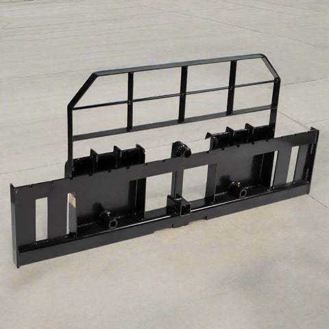 XL pallet fork frame with 2-inch receiver for skid steer – 5000 lb rated
Heavy-duty 72-inch skid steer pallet fork frame with headache rack
Skid steer fork frame in field with trailer hitch and fork slots
Compact 60" pallet fork frame – skid steer attachment
Slotted carriage for Class II pallet forks on steel frame