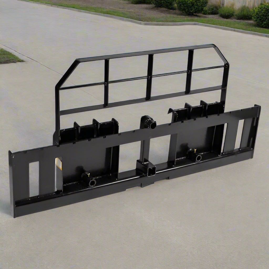 XL pallet fork frame with 2-inch receiver for skid steer – 5000 lb rated
Heavy-duty 72-inch skid steer pallet fork frame with headache rack
Skid steer fork frame in field with trailer hitch and fork slots
Compact 60" pallet fork frame – skid steer attachment
Slotted carriage for Class II pallet forks on steel frame