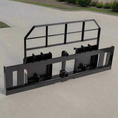 XL pallet fork frame with 2-inch receiver for skid steer – 5000 lb rated
Heavy-duty 72-inch skid steer pallet fork frame with headache rack
Skid steer fork frame in field with trailer hitch and fork slots
Compact 60" pallet fork frame – skid steer attachment
Slotted carriage for Class II pallet forks on steel frame