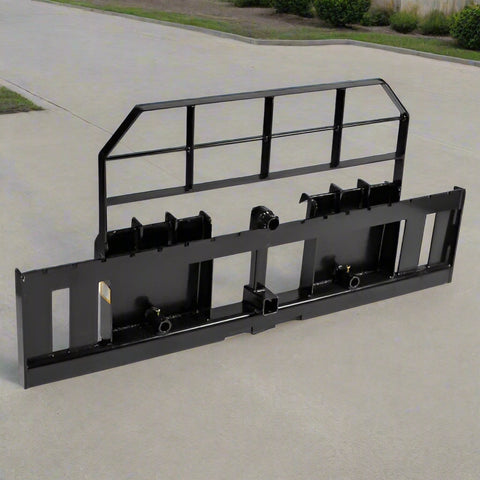 XL pallet fork frame with 2-inch receiver for skid steer – 5000 lb rated
Heavy-duty 72-inch skid steer pallet fork frame with headache rack
Skid steer fork frame in field with trailer hitch and fork slots
Compact 60" pallet fork frame – skid steer attachment
Slotted carriage for Class II pallet forks on steel frame