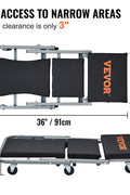 Detailed size and component diagram of 2-in-1 mechanic creeper stool with wheels