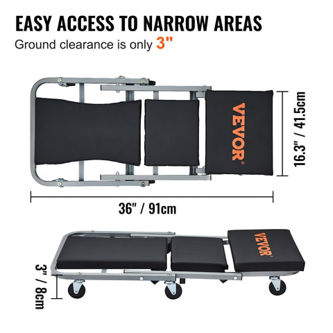 Detailed size and component diagram of 2-in-1 mechanic creeper stool with wheels